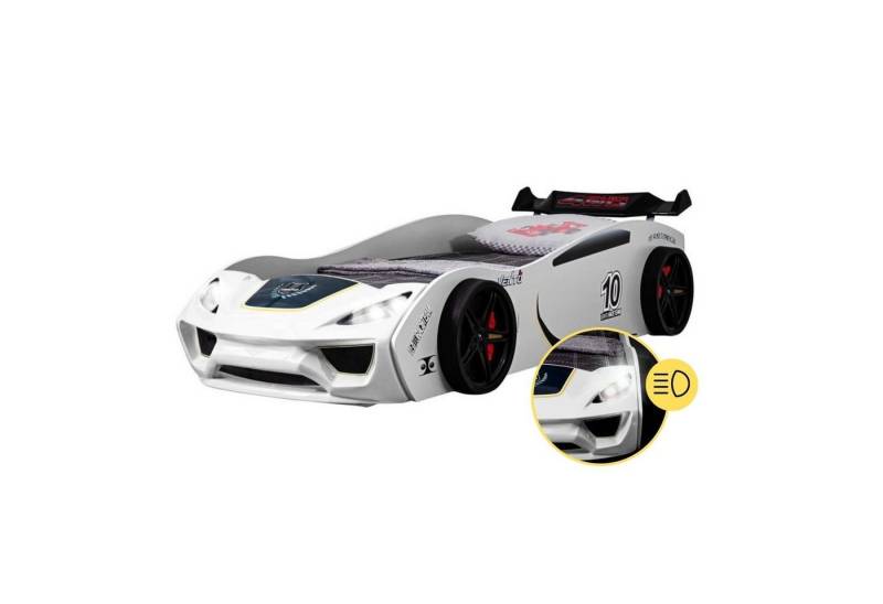 Coemo Autobett DREAM RACER (Spielbett mit Spoiler), Weiß Kinderbett 90x200 Rennwagen inkl. Lattenrost LED-Licht Spielbett von Coemo