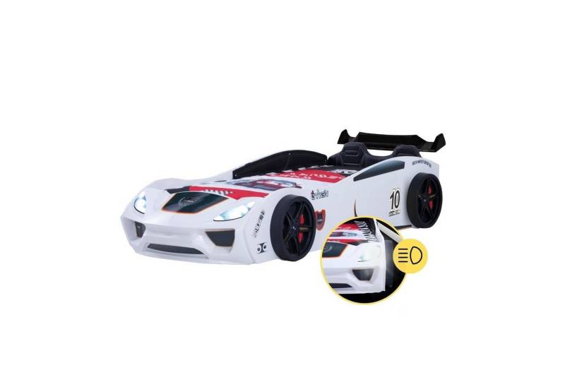 Coemo Autobett DREAM RACER (Spielbett mit Spoiler), Weiß Kinderbett 90x200 Sportsitz Rückenpolster, Lattenrost LED-Licht von Coemo
