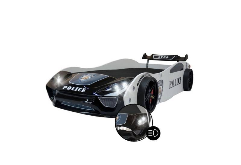 Coemo Autobett V2 POLICE (Komplett-Set Bett und Lattenrost), Kinderbett 90x200 cm Polizeiauto POLICE Rennwagen mit Beleuchtung von Coemo