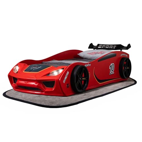 Coemo Autobett Vento Kinderbett Rot 90x200 cm im Rennwagen-Design mit Lattenrost und LED Scheinwerfern - Perfekt für kleine Rennfahrer- LxBxH 260x109x60 von Coemo