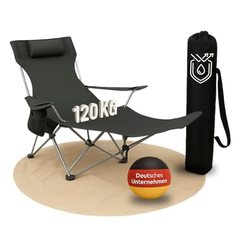 Coemo Campingstuhl Schwarz, zusammenklappbar, verstellbar, Liegestuhl mit Kopfstütze, Getränkehalter, Tasche, Relaxliege leicht, tragbar, Verstellbarer Faltstuhl, zusammenklappbarer Stuhl von Coemo