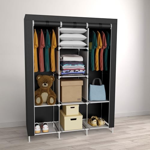 Coemo Faltbarer Kleiderschrank, Stoffschrank, tragbarer Schrank mit 2 Kleiderstangen, Regalen, 8 Ablageflächen, 130 x 45 x 175 cm, großes Fassungsvermögen für Schlafzimmer, Wohnzimmer, Farbe Schwarz Coemo Faltbarer Kleiderschrank, Stoffschrank, tragbarer Schrank mit 2 Kleiderstangen, Regalen, 8 Ablageflächen, 130 x 45 x 175 cm, großes Fassungsvermögen für Schlafzimmer, Wohnzimmer, Farbe Schwarz von Coemo