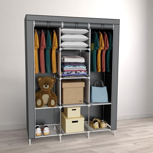 Coemo Faltbarer Kleiderschrank, Stoffschrank, tragbarer Schrank mit 2 Kleiderstangen, Regalen, 8 Ablageflächen, 130 x 45 x 175 cm, großes Fassungsvermögen für Schlafzimmer, Wohnzimmer, Farbe Grau Coemo Faltbarer Kleiderschrank, Stoffschrank, tragbarer Schrank mit 2 Kleiderstangen, Regalen, 8 Ablageflächen, 130 x 45 x 175 cm, großes Fassungsvermögen für Schlafzimmer, Wohnzimmer, Farbe Grau von Coemo