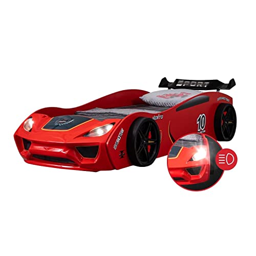 Coemo Kinder Autobett Dream Racer Kinderbett 90x200 im Rennwagen Design mit LED Beleuchtung und Lattenrost für Jungen und Mädchen - Betten Farbe Rot - Rennbett von Coemo