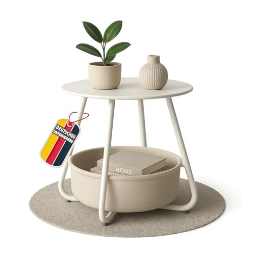 Couchtisch KOSI Weiß aus Metall mit Aufbewahrungskorb Canvas, Beistelltisch für Wohnzimmer im Vintage Style, Sofatisch rund mit Ablage, Tisch für die Couch mit Stoffkorb Couchtisch KOSI Weiß aus Metall mit Aufbewahrungskorb Canvas, Beistelltisch für Wohnzimmer im Vintage Style, Sofatisch rund mit Ablage, Tisch für die Couch mit Stoffkorb von Coemo