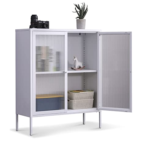 Highboard Tokio Beistellschrank Weiß fürs Wohnzimmer Aufbewahrungsschrank Metall Schrank mit Regal Ablage und Glastüren, Kommode für Bücher und Deko LxBxH ca. 90x35x110 cm von Coemo