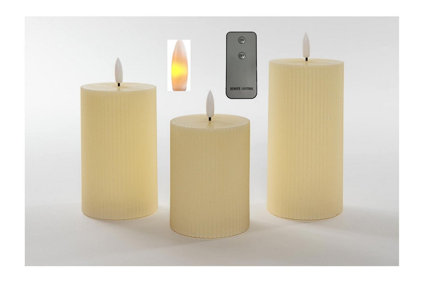 Coen Bakker Deco BV LED-Kerze Wax Candles (Set, 4-tlg., mit Fernbedienung), 3 Stück elfenbein Fernbedienung 10, 12.5 und 15cm geriffelt von Coen Bakker Deco BV