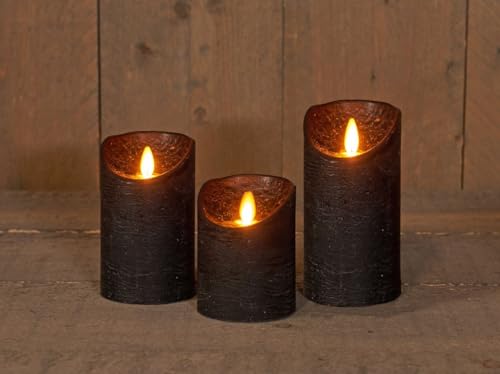 3er Set Kerze LED Echtwachskerze 10 cm + 12,5 cm + 15 cm Kerze Ø 7,5 cm viele Farben mit Timer flackender Docht Wachskerze Kerzen, Farbe:Schwarz von Coen Bakker