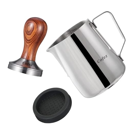 Cofez Kaffee Tamper Set 58mm - Espresso Tamper Set inklusive Tampermatte und 350ml Milchkännchen - Barista Zubehör für Siebträger Kaffeemaschine von Cofez