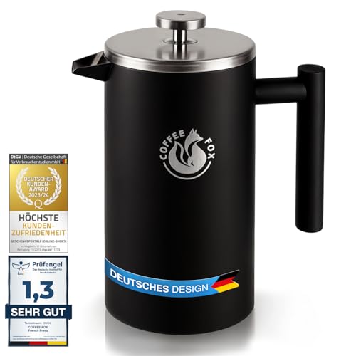 French Press Kaffeekanne aus doppelwandigem Edelstahl Schwarze Pressfilterkanne Französische Kaffeepresse (Schwarz, 350 ml) von Coffee Fox