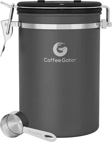 Coffee Gator Aromadichte Kaffeedose Aufbewahrungsbehälter mit CO2 Ventil und Magnetischem Dosierlöffel (Grey, Large) von Coffee Gator