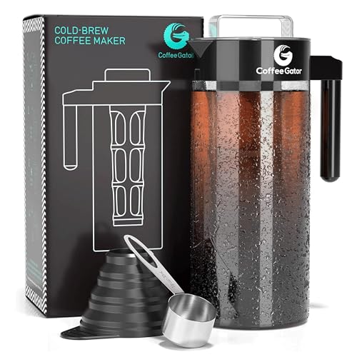 Coffee Gator Cold Brew Kaffeemaschine – BPA-freier Filter und Glaskaraffe – Brühsatz mit Edelstahl-Messlöffel und klappbarem Einfülltrichter – 1,4 Liter – Schwarz von Coffee Gator