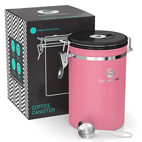 Coffee Gator-Edelstahl-Kaffeedose – Hält gemahlener Kaffee und Bohnen länger frisch – Behälter mit Datumsverfolgung, CO2-Freigabeventil und Messlöffel - Groß - Rosa von Coffee Gator