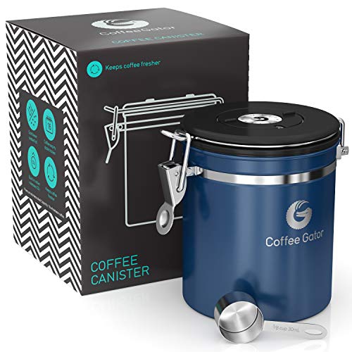 Coffee Gator-Edelstahl-Kaffeedose – Hält gemahlener Kaffee und Bohnen länger frisch – Behälter mit Datumsverfolgung, CO2-Freigabeventil und Messlöffel - Mittel - Blau von Coffee Gator