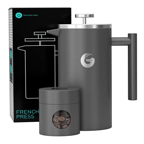 Coffee Gator French Press Kaffeebereiter - Thermo-Kaffeekanne aus Edelstahl für länger heißen Kaffee - 1 Liter – Grau - Inkl. Reise-Kaffeedose von Coffee Gator