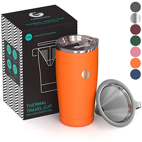 Coffee Gator Pour Over Kaffeebereiter – All-in-One Thermo-Kaffeebecher für unterwegs und Handtropf-Kaffeemaschine – Vakuumisolierter Edelstahl mit papierlosem Filter - 585ml - Orange von Coffee Gator