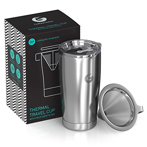 Coffee Gator Pour Over Kaffeebereiter – All-in-One Thermo-Kaffeebecher für unterwegs und Handtropf-Kaffeemaschine – Vakuumisolierter Edelstahl mit papierlosem Filter - 585ml - Silber von Coffee Gator