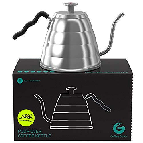 Schwanenhals-Wasserkocher mit Thermometer -1 L Premium-Edelstahl-Wasserkocher, Herdplatte, mit Präzisions-Tropfauslauf, für Filterkaffee, French Press, Teekocher von Coffee Gator