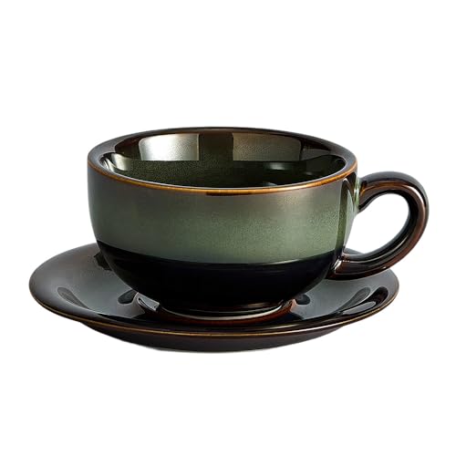 Coffeezone Latte Art Cappuccino-Barista-Tasse mit Untertasse, Keramik, Vintage-Design, 340 ml, Meeresgrau von Coffeezone