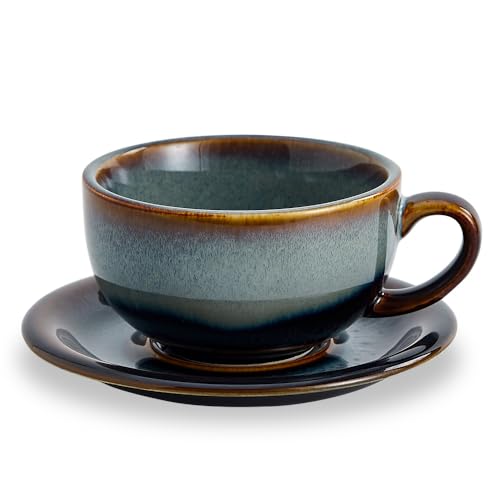 Coffeezone Latte Art Cappuccino-Barista-Tasse mit Untertasse aus Keramik, Vintage-Design, 340 ml, Nebelgrau von Coffeezone