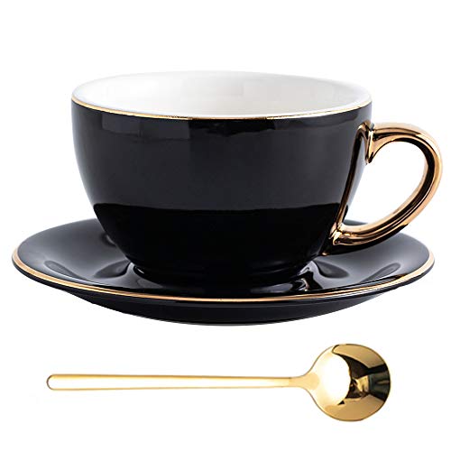 Coffeezone Luxuriöse goldfarbene Keramiktasse mit Untertasse, für Latte Art, Cappuccino, Barista, 284 ml, kühles Schwarz von Coffeezone