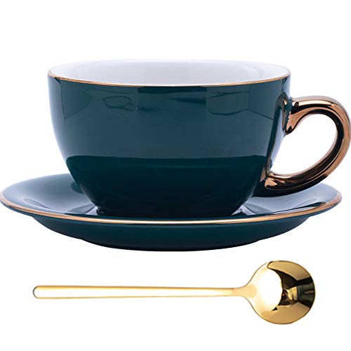 Coffeezone Luxuriöse goldfarbene Latte Art Cappuccino-Barista-Tasse mit Untertasse, Keramik, 284 ml, Pfauengrün von Coffeezone
