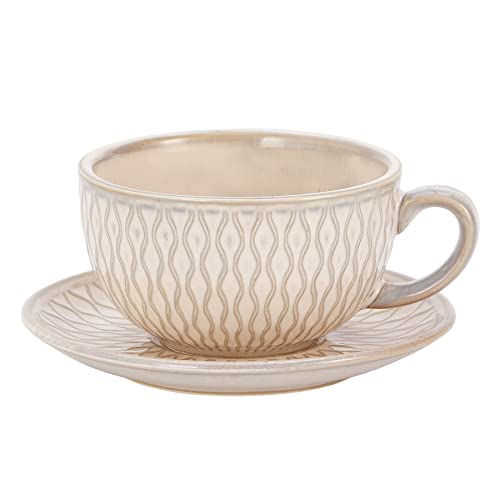 Coffeezone Cappuccino-Barista-Tasse mit Untertasse, Keramik, Vintage-Design, 340 ml, Beige geprägt von Coffeezone