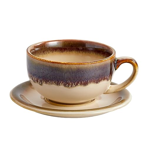 Coffeezone Vintage Design Latte Art Cappuccino Barista Tasse mit Untertasse aus Keramik, 340 ml, Braun von Coffeezone