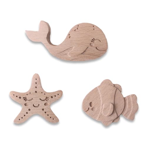 Coffelli Möbelknöpfe Kinderzimmer (Meerestiere, 3 pack) Holz Tierknäufe für kommode oder als Kindergarderobe, aus Buchenholz von Coffelli