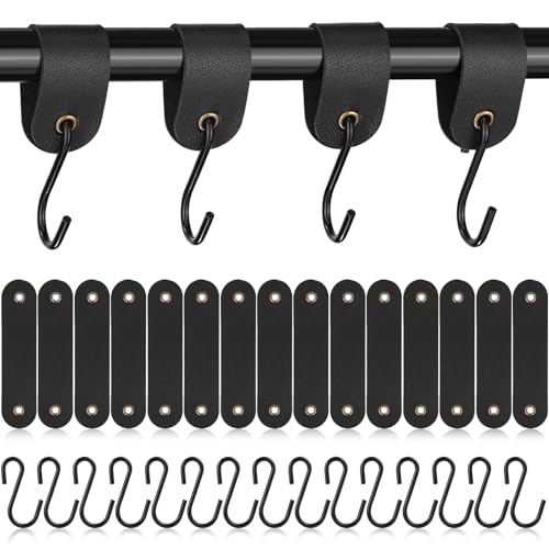 Cofvetia 15 Stück Haken mit Lederschlaufe, S Haken Kleiderhaken Metallhaken, 12,5 * 3cm Haken zum Einhängen, Mehrzweckhaken mit Lederschlaufe Campinghaken für Garderobe (Schwarz) von Cofvetia