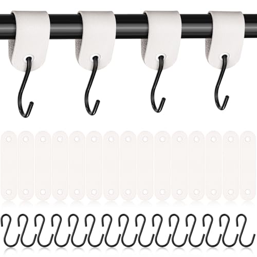 Cofvetia 15 Stück Haken mit Lederschlaufe, S Haken Kleiderhaken Metallhaken, 12,5 * 3cm Haken zum Einhängen, Mehrzweckhaken mit Lederschlaufe Campinghaken für Garderobe (Weiß) von Cofvetia