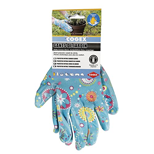 Cogex 90351 Gartenhandschuhe, Polyester, Nitrilbeschichtet, Blau, Motiv Blumen, Größe 8 von Cogex