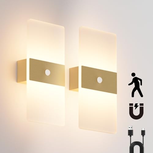 Coinmit 2 Stück Wandleuchte mit Sensor Innen 2W Acry LED Wandlampe, Akku Wandlampe Warmweiß 2700K für Flur Wohnzimmer Schlafzimmer und Andere Innenszenen(Gold) von Coinmit