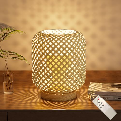 Coinmit Akku Tischlampe, E27 dimmbare Rattan Nachttischlampe mit Fernbedienung, 5500mAh kabellose Nachttischleuchte für Schlafzimmer und mehr. von Coinmit