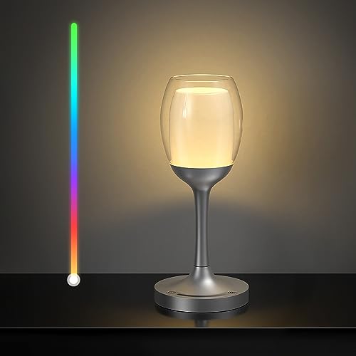 Coinmit Wiederaufladbare RGB Tischlampe mit RGB-Farbwechselmodus und dimmbarem warmweißem Licht, moderne romantische LED Weinglaslampe für Ambientebeleuchtung, Esstisch, Balkon. von Coinmit
