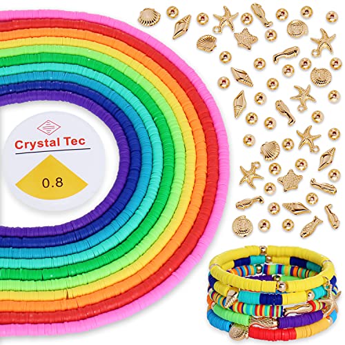 Coiris 6 mm, 10 Stränge, Ton-Perlen, Vinyl, flach, handgefertigt, Polymer-Ton-Perlen mit Sommer-Meeresleben, Zubehör, Abstandhalter, 1 Rolle, elastische Schnüre für Schmuckherstellung von Coiris