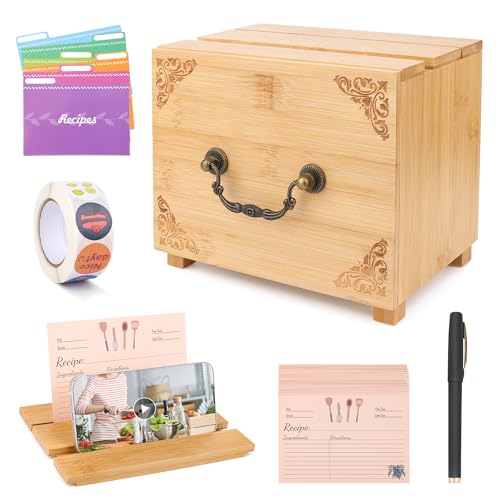 Coitak Rezeptbox aus Holz mit 50 doppelseitigen 10 x 15 cm Rezeptkarten, 6 Trennwänden, 1 Rolle Aufkleber, 1 Stift abnehmbarer Rezeptkartenhalter Organizer von Coitak