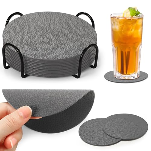 Cokaca 12er Set Untersetzer Gläser, Glasuntersetzer mit Halter Doppelseitigen Leder Kunstlede Tischuntersetzer Lederoptik Untersetzer, Grau von Cokaca