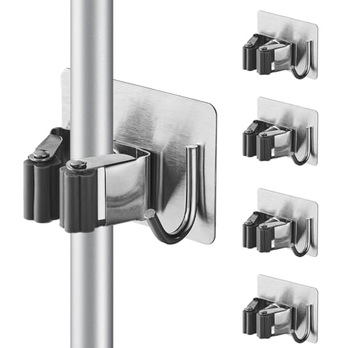 Cokshy Besenhalterung Wand, 4 Stück Edelstahl Besenhalter mit Haken Selbstklebend, Mop Halterung ohne Bohren GeräTehalter für KüChe, Wischmopp, Badezimmer, Garten, Schaufel, Werkzeuge (Hellgrau) von Cokshy