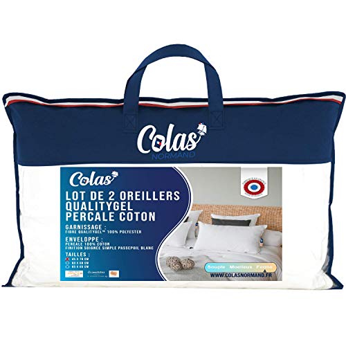 COLAS NORMAND - 2er Set QualityGel Perkal Kissen 100% Baumwolle - fest - 45 x 70 cm - Zervikalstütze - Memory Sensation - Hotelqualität - weich - Französisch Made - Weiß 73130212 von COLAS NORMAND