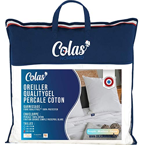 COLAS NORMAND QualityGel Perkal-Kissen, 100% Baumwolle, fest, 65 x 65 cm, zervikale Unterstützung, Memory Sensation, Hotelqualität, weich, französisch hergestellt, weiß von COLAS NORMAND