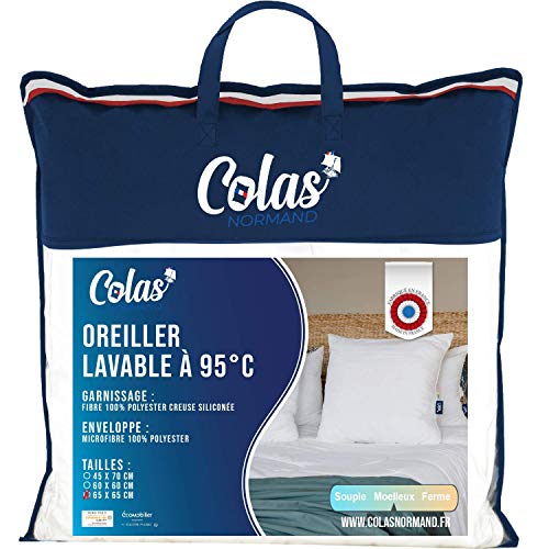 COLAS NORMAND Kopfkissen, waschbar bei 95°C, flauschig, 65 x 65 cm, Microfaser, weich und bequem, waschbar, französisch hergestellt, weiß von COLAS NORMAND