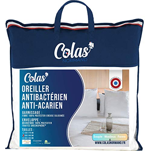 Colas Normand Kissen Antimilben- und antibakteriell - weich - 60 x 60 cm - langanhaltende Wirkung - Perfekte Hygiene - Mikrofaser - weich und bequem - waschbar - Französisch Made - Weiß von COLAS NORMAND