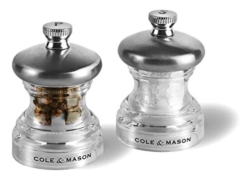 Cole & Mason H302418 Button Salz und Pfeffermühle, Gewürzmühle, 2er Set Manuell, Edelstahl/Acryl, 65mm, Precision+, Ideal für Picknicks, Keramikmahlwerk von Cole & Mason