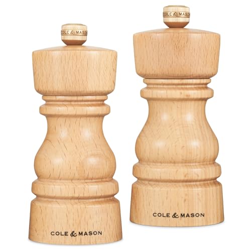 Cole & Mason H233005 London Salz und Pfeffermühle, 2er Set Manuell mit Einstellbar, Holz, 13cm, Precision+ mit Keramikmahlwerk und Carbonmahlwerk, Gewürzmühle, Mühlen für Salz, Pfeffer, Gewürze von Cole & Mason