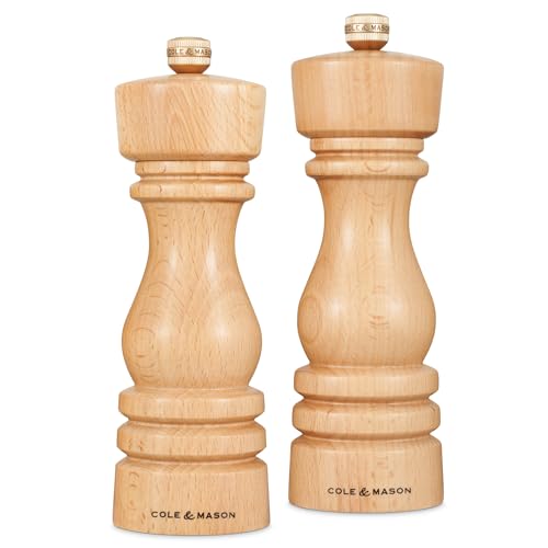 Cole & Mason H233008 London Salz und Pfeffermühle, 2er Set Manuell mit Einstellbar, Holz, 18cm, Precision+ mit Keramikmahlwerk und Carbonmahlwerk, Gewürzmühle, Mühlen für Salz, Pfeffer, Gewürze von Cole & Mason