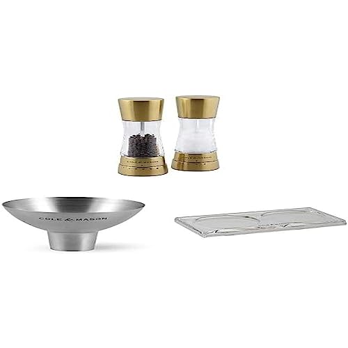 Cole & Mason H332017 Derwent Salz und Pfeffer Mühle Set (Gold) / Cole & Mason H611928CS Dover Edelstahltrichter/Cole & Mason H306119 Ramsgate Klare Salz und Pfeffer Mühle Tablett | Bundle von Cole & Mason