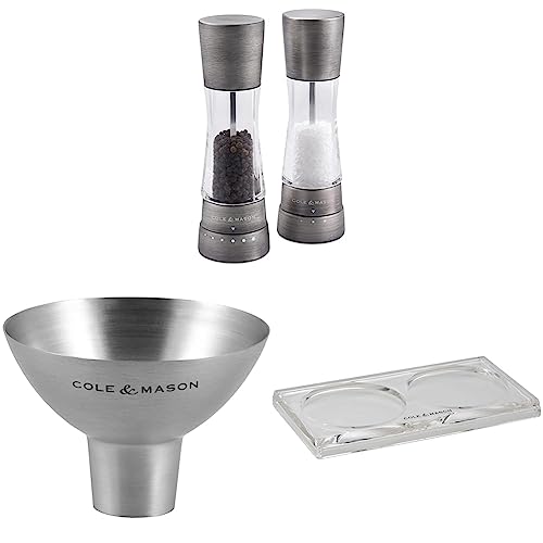 Cole & Mason H332028 Derwent Salz und Pfeffer Mühle Set (Titanium) / Cole & Mason H611928CS Dover Edelstahltrichter/Cole & Mason H306119 Ramsgate Klare Salz und Pfeffer Mühle Tablett | Bundle von Cole & Mason