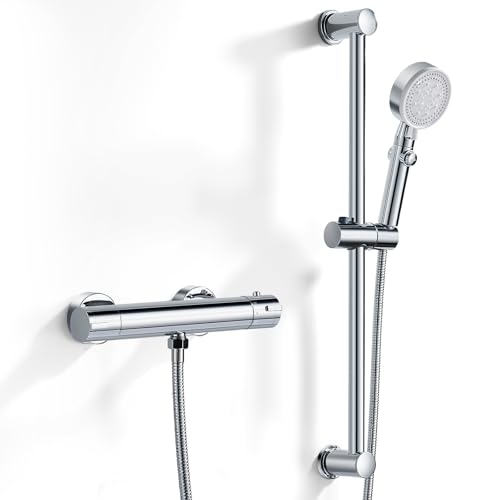 Coleniny Duscharmatur mit Thermostat Set, Aufputz Thermostat-Brausebatterie Dusche mit 635mm Edelstahl Duschstange | 5 Strahlarten Handbrause Höhenverstellbar | 1,5m Schlauch, Duschthermostat Chrom von Coleniny