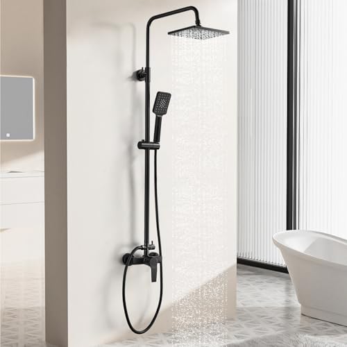 Coleniny Schwarzes Duschset mit Mischbatterie | Verstellbare Duschsäule | Regenduschkopf 21x21cm | Handbrause und 150cm Schlauch | Perfektes Regendusche Duschsystem Duschset für Ihr Badezimmer von Coleniny